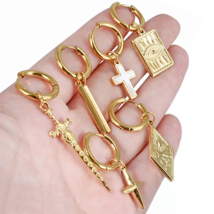 Punk Cross Sword Pendant Earring Stainless Steel Hoops Earrings For Women Men Accessories Non-Tarnish Vintage Jewelry Arete Gift – Image 2