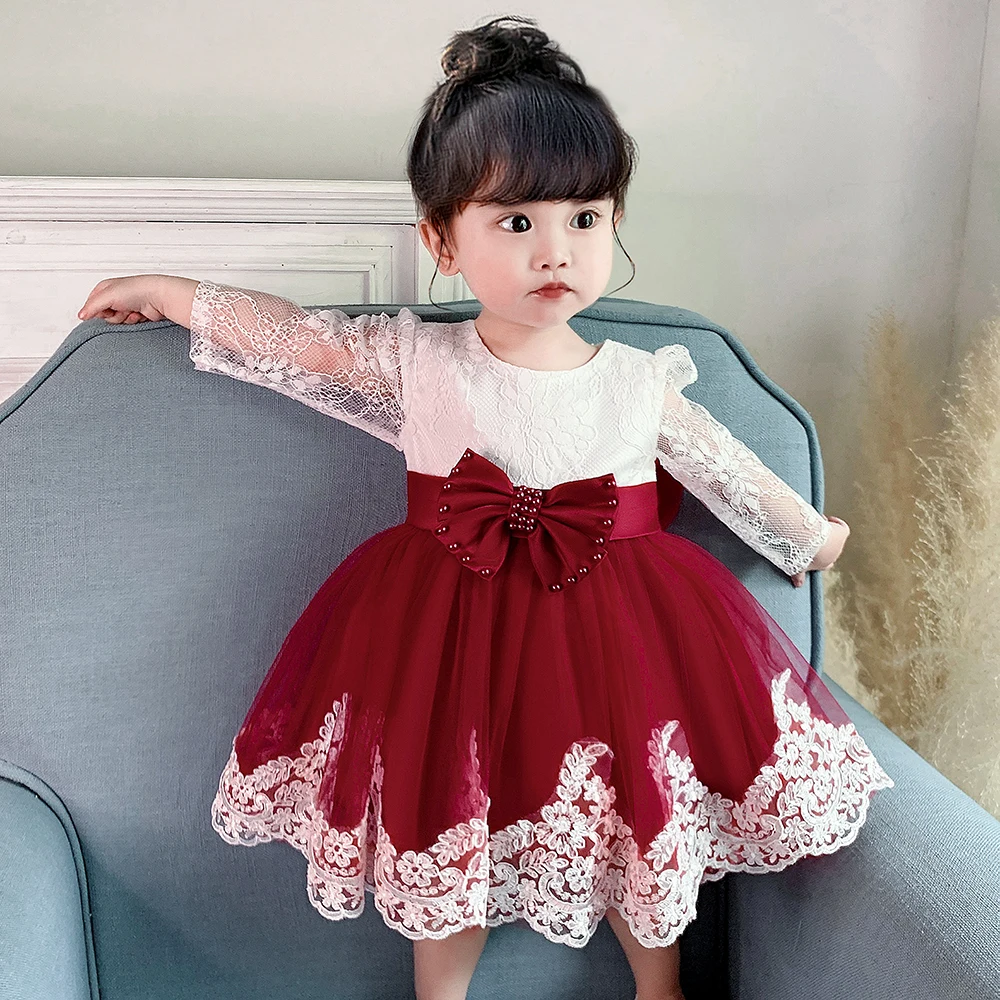 Long Sleeve Baby Girls Dress Newborn White Baptism Tulle Party Wedding 1st Birthday Princess Dresses Infant Girls Bow Prom Gown – Image 17
