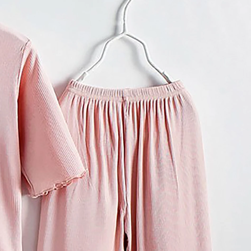 Adorable Children Summer Homewear Sleepwear Sets Breathable Cotton Blend Girls Hot Days Short Sleeve Loungewear with Long Pants – Image 6