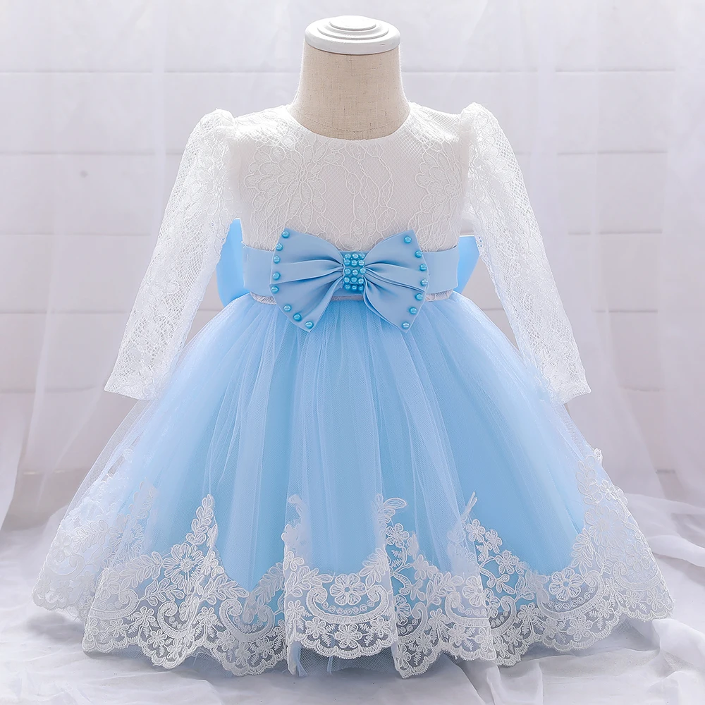 Long Sleeve Baby Girls Dress Newborn White Baptism Tulle Party Wedding 1st Birthday Princess Dresses Infant Girls Bow Prom Gown – Image 6