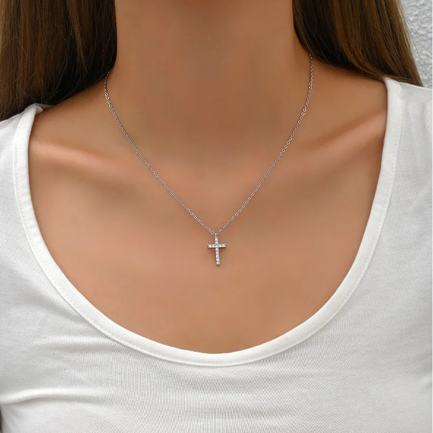 Fashion New Zircon Inlaid Cross Necklace Pendant Jewelry for Women Gold Color Long Clavicle Chain Necklaces – Image 8