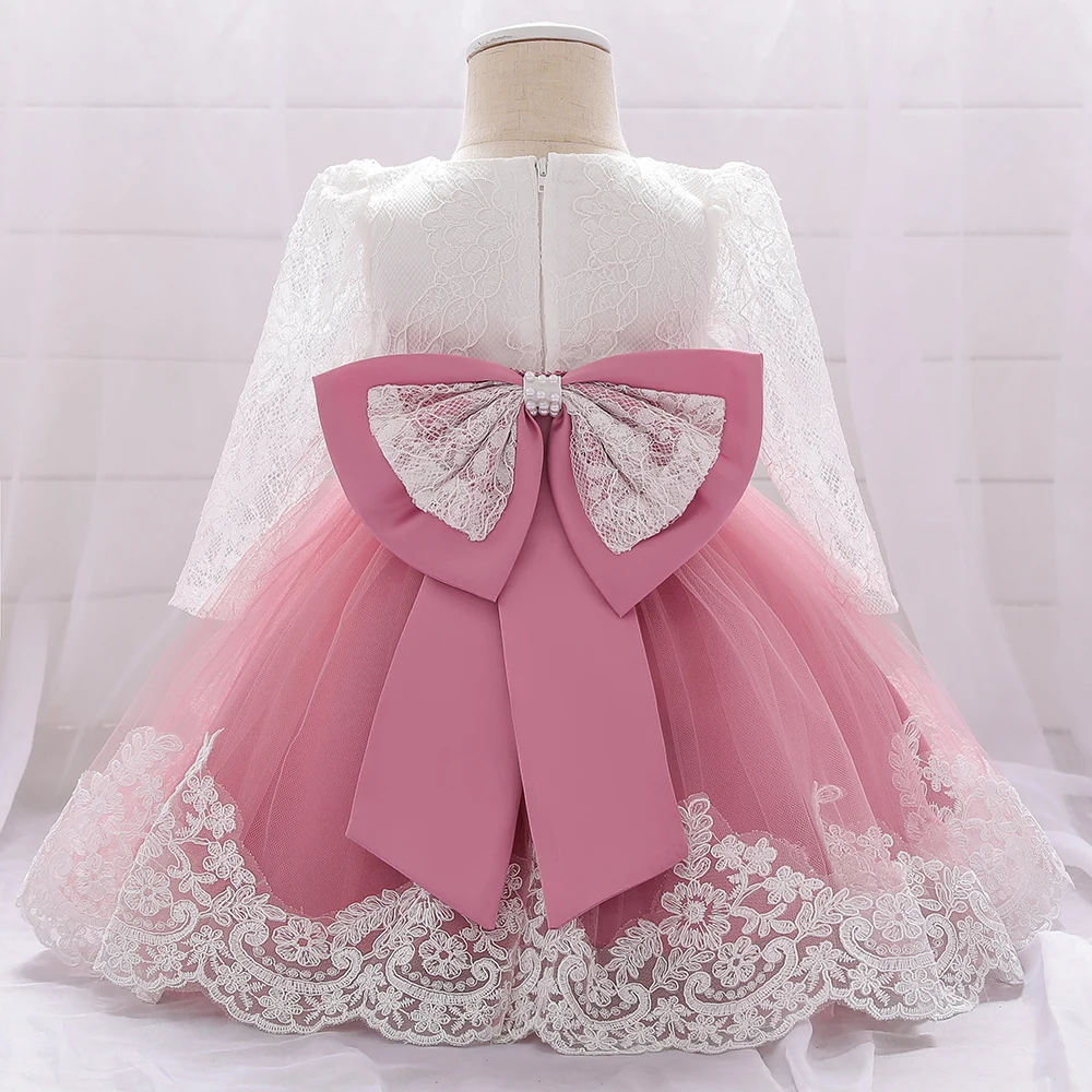 Long Sleeve Baby Girls Dress Newborn White Baptism Tulle Party Wedding 1st Birthday Princess Dresses Infant Girls Bow Prom Gown – Image 13