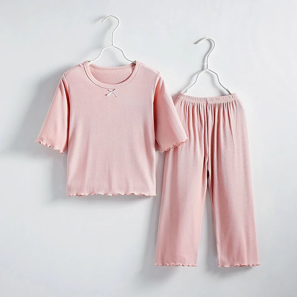 Adorable Children Summer Homewear Sleepwear Sets Breathable Cotton Blend Girls Hot Days Short Sleeve Loungewear with Long Pants – Image 16