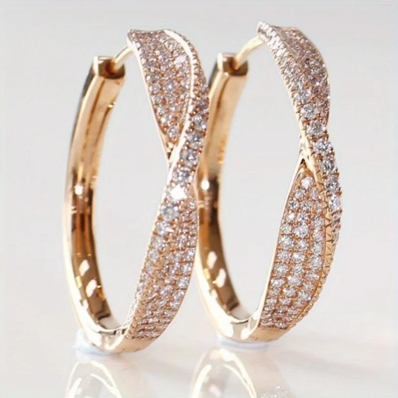 Luxurious Sparking Inlaid Synthetic Zircon Golden Plated Hoop Earrings Women Fashion Exquisite Daily Wedding Jewelry Accessories – Image 7