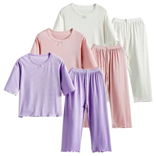 Adorable Children Summer Homewear Sleepwear Sets Breathable Cotton Blend Girls Hot Days Short Sleeve Loungewear with Long Pants
