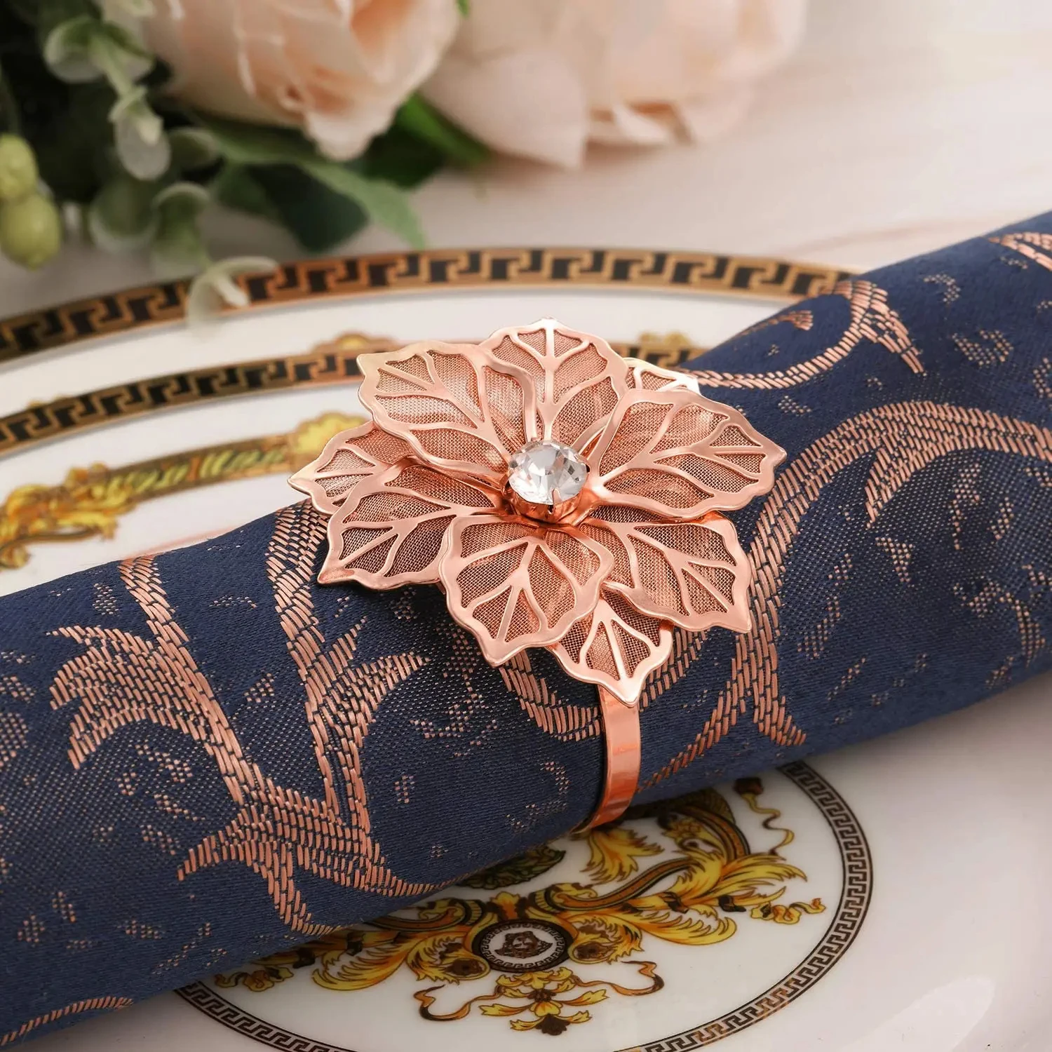 1/6Rose Flower Napkin Holder Floral Rhinestone Napkins Rings for Wedding Christmas Party Dinner Table Decor – Image 15