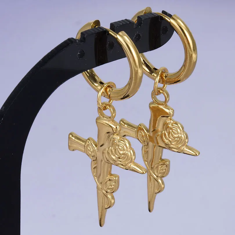 Punk Cross Sword Pendant Earring Stainless Steel Hoops Earrings For Women Men Accessories Non-Tarnish Vintage Jewelry Arete Gift – Image 4