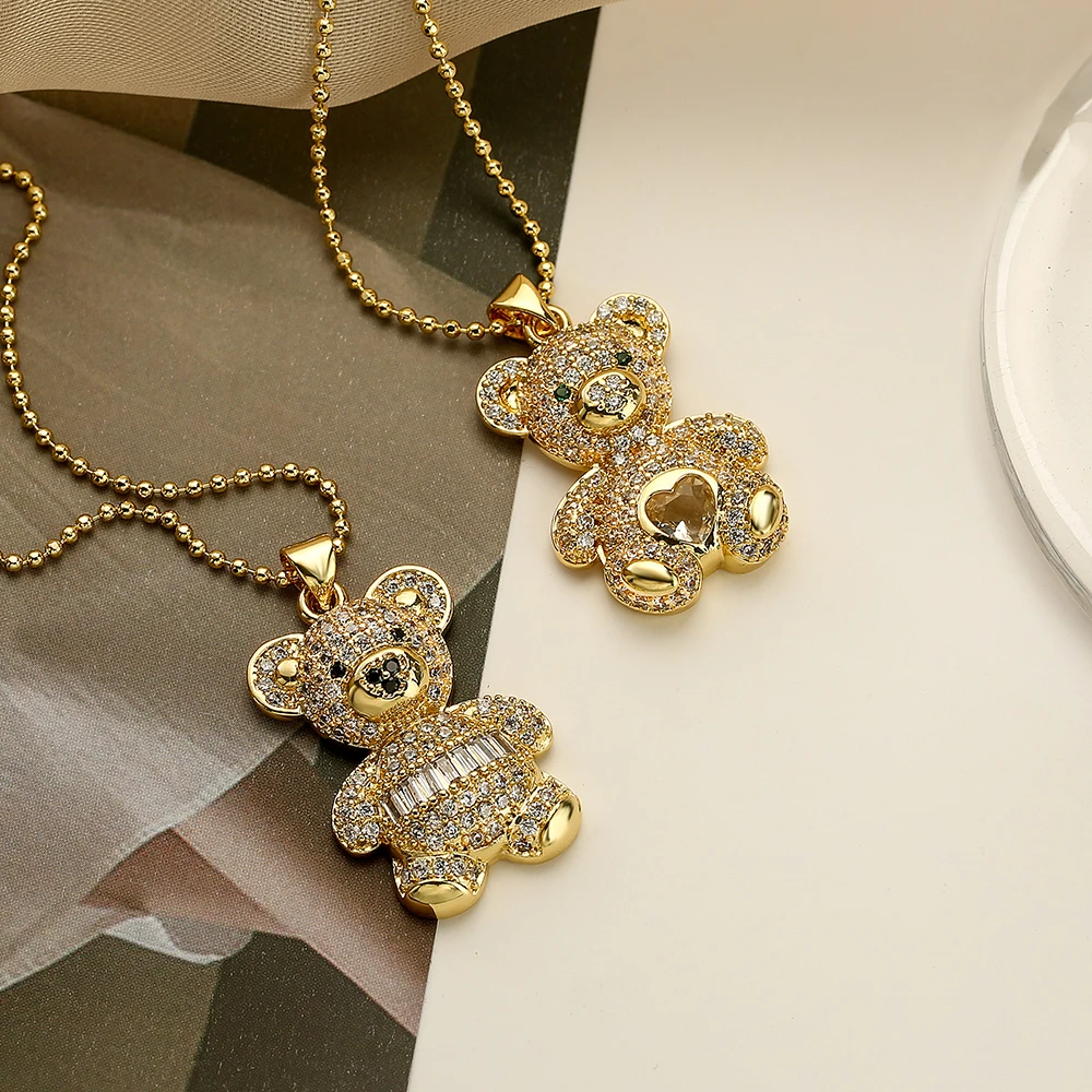 NEWBUY Hot Sale 2 Style Lovely Bear Pendant Necklaces For Women Shiny CZ Zircon Inlay Gold Color Copper Jewelry – Image 3