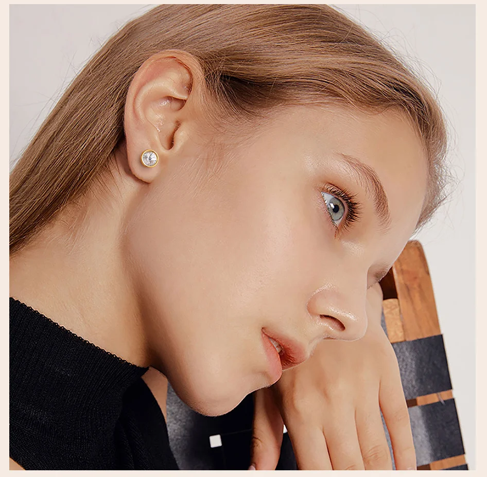 Sparking Round Cubic Zirconia Earring, Danity Women Stud Earrings Gold Plated Stainless Steel Jewelry – Image 10