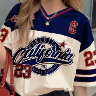 Girls Casual Sports Style California Print Short Sleeve V-Neck Women's Children Men's T-shirt Tops