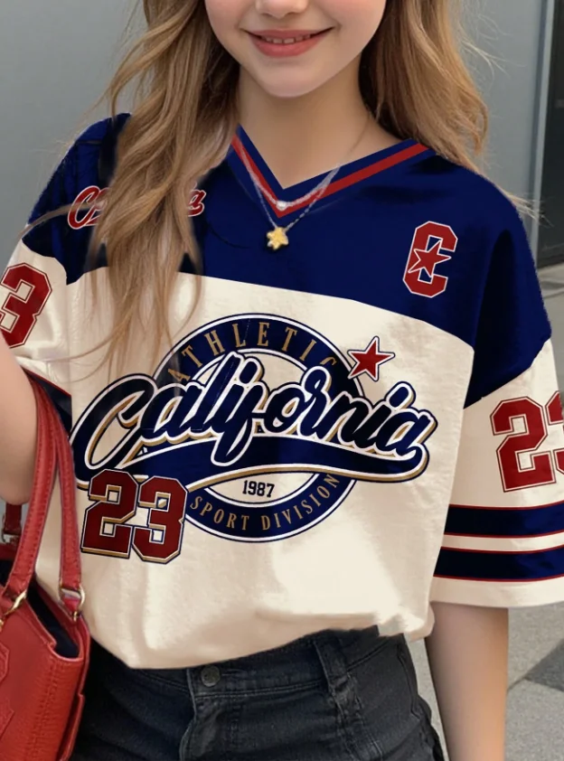 Girls Casual Sports Style California Print Short Sleeve V-Neck Women's Children Men's T-shirt Tops