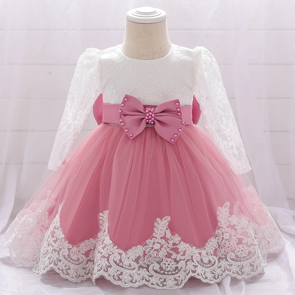 Long Sleeve Baby Girls Dress Newborn White Baptism Tulle Party Wedding 1st Birthday Princess Dresses Infant Girls Bow Prom Gown – Image 3