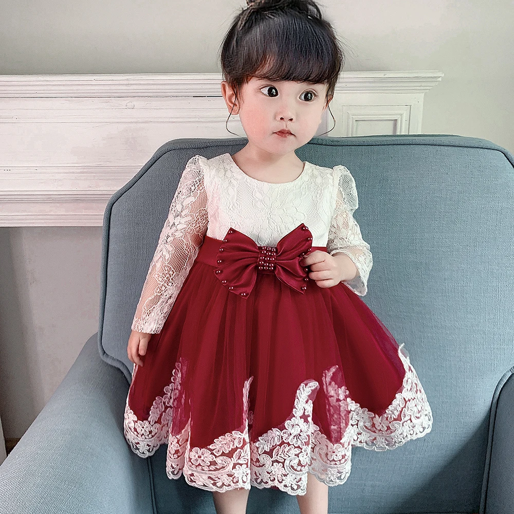 Long Sleeve Baby Girls Dress Newborn White Baptism Tulle Party Wedding 1st Birthday Princess Dresses Infant Girls Bow Prom Gown – Image 19