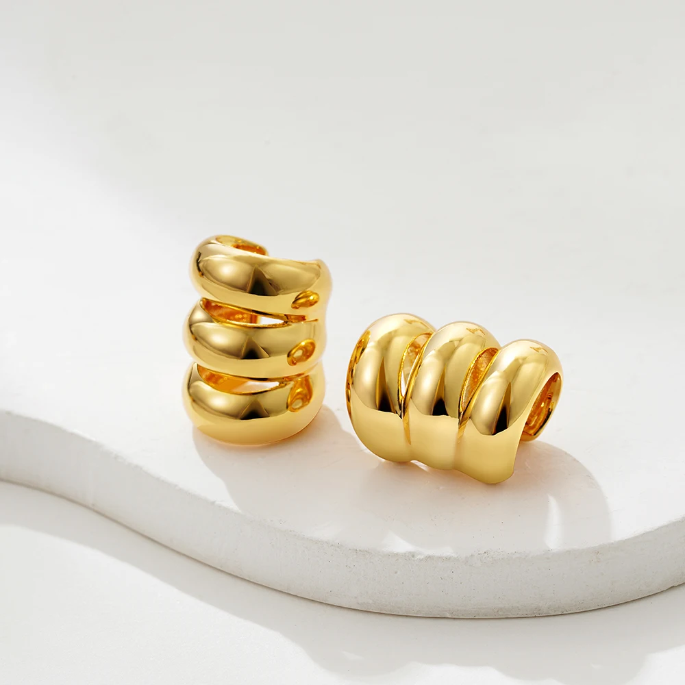 18K Gold Color Stainless Steel Three-layer clip earring for women Hollow Chunky Lined Ribbed Fake Cartilage Ear Cuff – Image 9