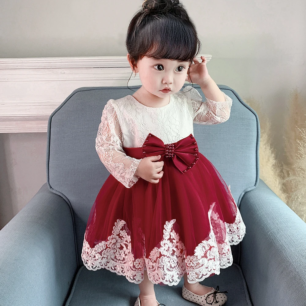 Long Sleeve Baby Girls Dress Newborn White Baptism Tulle Party Wedding 1st Birthday Princess Dresses Infant Girls Bow Prom Gown – Image 18