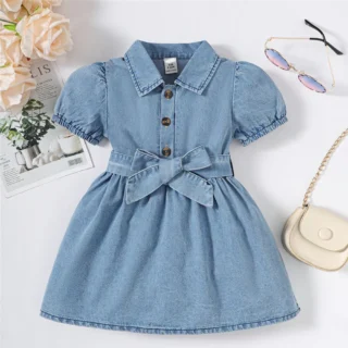 Baby Girl Fashion Dress Bubble Sleeve Lapel Jeans Casual Dress+Belt Summer Birthday Party Costumes for 1-3 Years Toddler Girl
