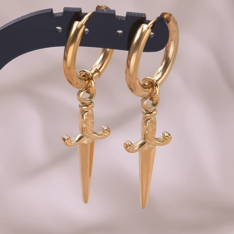 Punk Cross Sword Pendant Earring Stainless Steel Hoops Earrings For Women Men Accessories Non-Tarnish Vintage Jewelry Arete Gift – Image 17