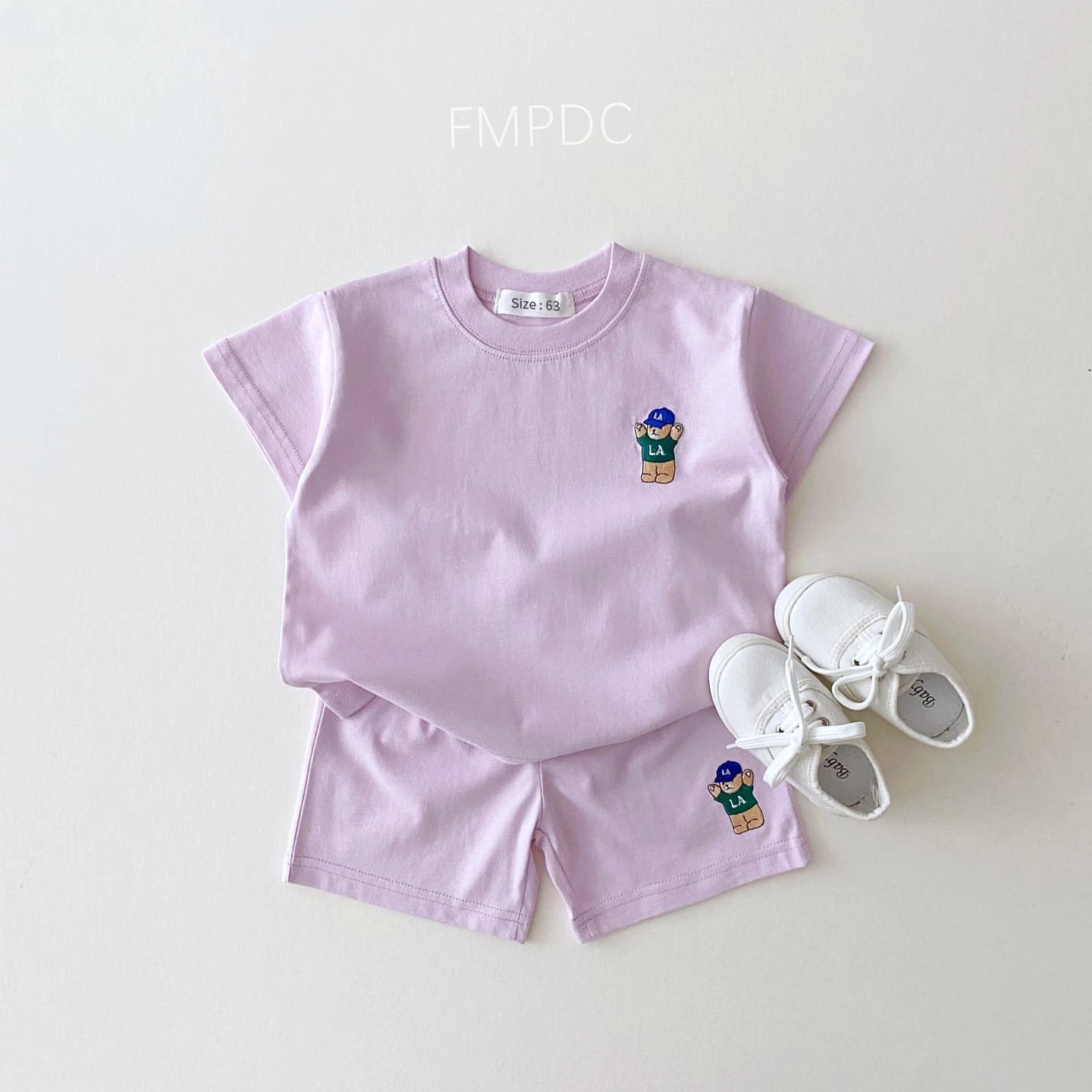 2023 Summer Korea Baby Boys Suit Embroidered Bear Badge Tees T shirts+Loose Shorts Girls 2Pcs Casul Infant Sets Toddler Clothes – Image 3