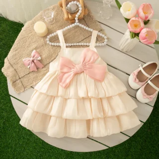 Baby Girl Dress Summer Bow Solid Color Halter Multi Layered Design Hem Girl Kid's Dress Cute Casual Baby Princess Dresses