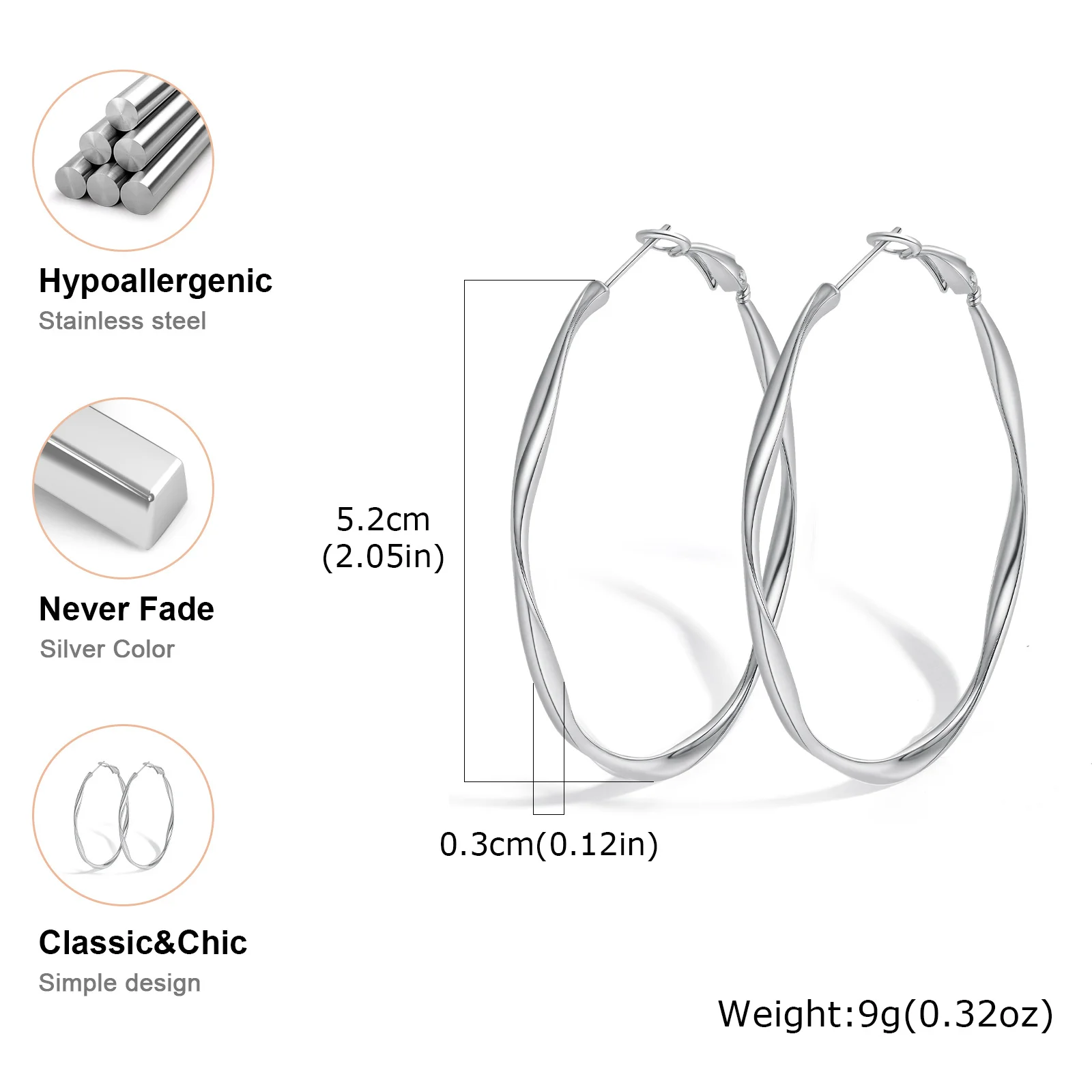 Prjewel Stainless Steel Twist Circle Women Earrings Click-Top Mobius Hoop Hies Earring Tarnish And Nickel Free Mother's Day Gift – Image 17
