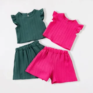 Girls' Summer Solid-Colour Short-Sleeved Top and Shorts Set Casual Two-Piece Outfit Trendy Fashion