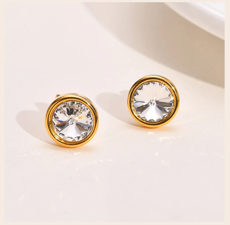 Sparking Round Cubic Zirconia Earring, Danity Women Stud Earrings Gold Plated Stainless Steel Jewelry – Image 11