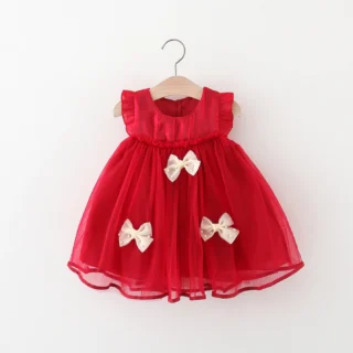 (9 Months -3 Years Old) Red Christmas Party Baby Girl Princess Dress, Summer New Sweet Bow Children'S Clothing