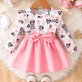 【Officially Licensed】Disney Minnie Mouse Spring, Autumn, and Winter Style Baby Girl Casual Dress Cute Cartoon Minnie Heart Print Long Sleeve Bow Decoration Pink Dress Children's Everyday Versatile Outing Sports Casual Clothing Girls' Playful Elegant Sweet Princess Style Outfit as an Ideal Gift