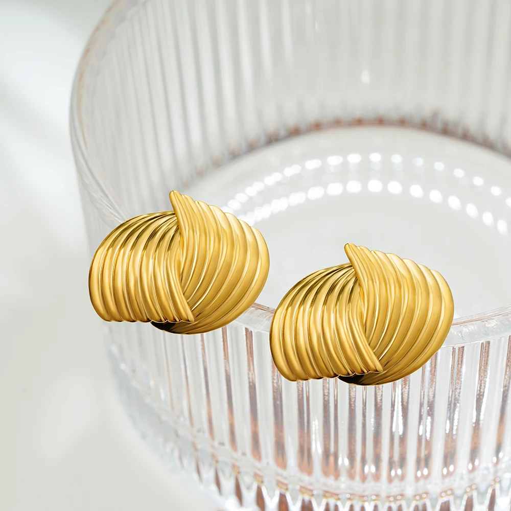 Retro Textured Intersecting Earrings for Women Multilayer Gold Color Stainless Steel Statement Stud Earring Waterproof Jewelry – Image 5