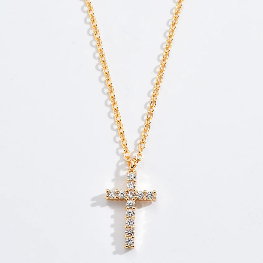 Fashion New Zircon Inlaid Cross Necklace Pendant Jewelry for Women Gold Color Long Clavicle Chain Necklaces – Image 3
