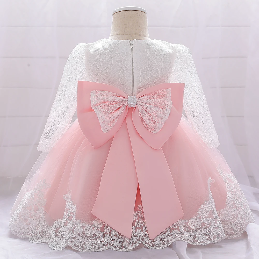 Long Sleeve Baby Girls Dress Newborn White Baptism Tulle Party Wedding 1st Birthday Princess Dresses Infant Girls Bow Prom Gown – Image 12