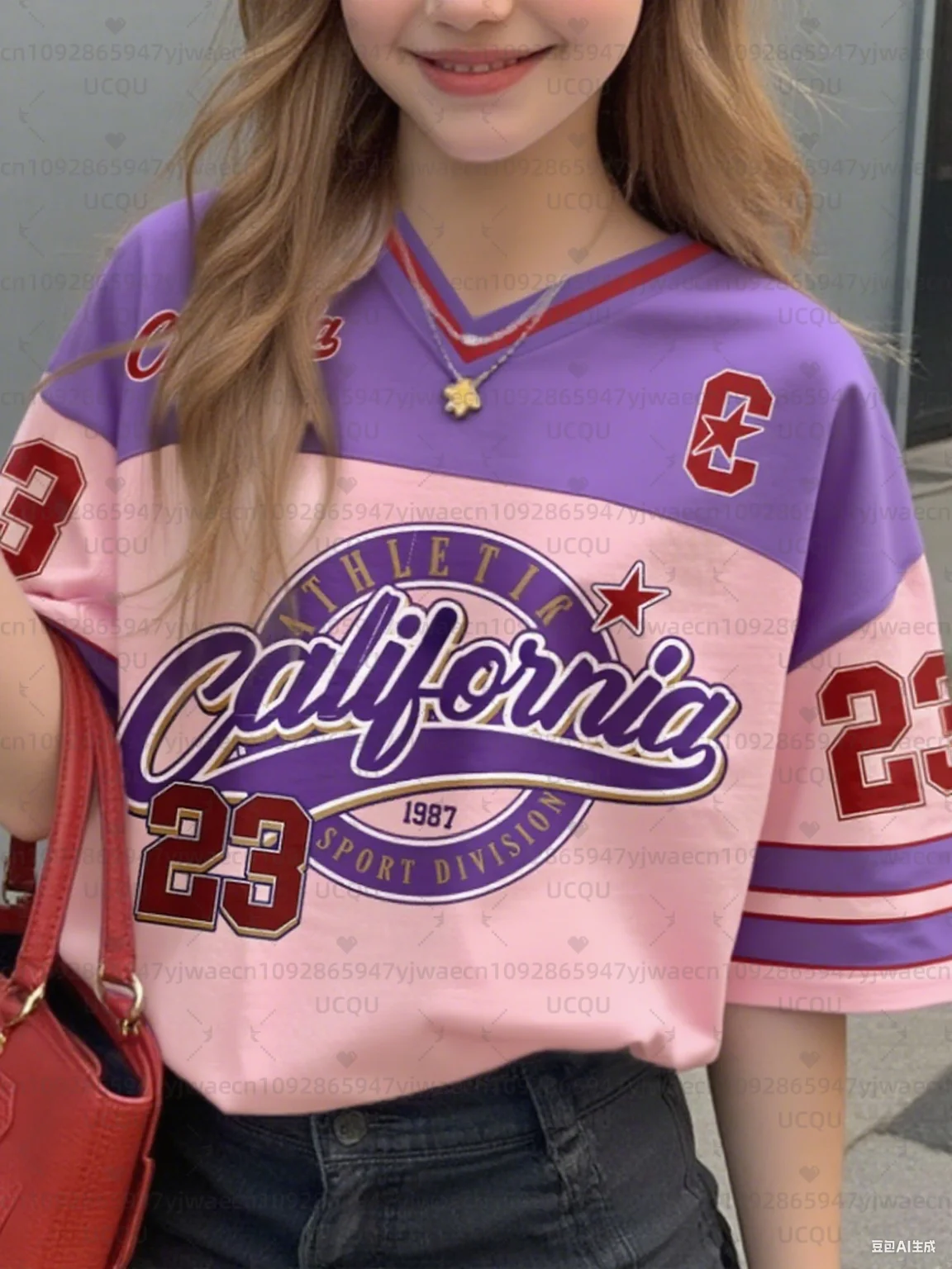 Girls Casual Sports Style California Print Short Sleeve V-Neck Women's Children Men's T-shirt Tops – Image 3