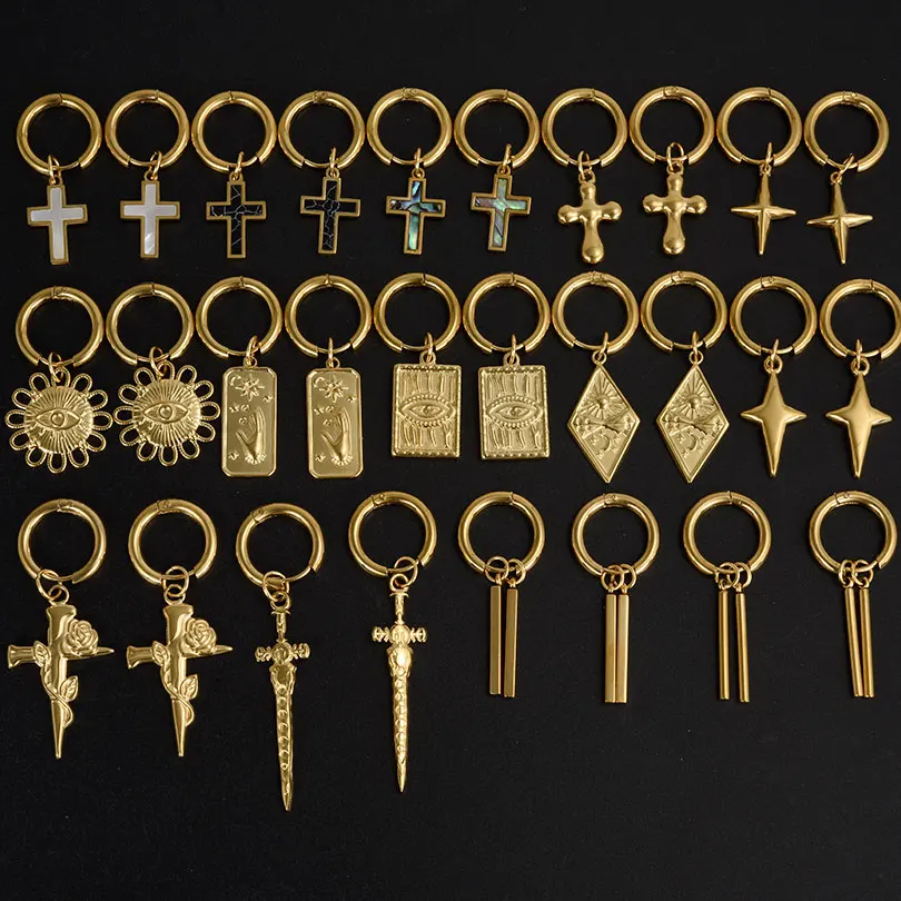 Punk Cross Sword Pendant Earring Stainless Steel Hoops Earrings For Women Men Accessories Non-Tarnish Vintage Jewelry Arete Gift