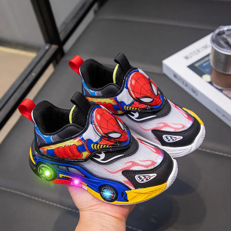 Disney Children's Shoes Fashion Cartoon LED Lights Spiderman Sneakers for Boys Breathable Sport Anti-slip Student Shoes Size 26 – Image 3