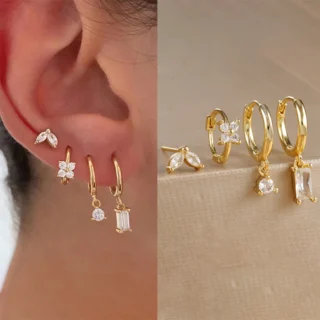 4PCS Flower Square Earrings Set for Women Girl Luxury Zircon Stainless Steel Cartilage Piercing Hoop Earring Statement Jewelry