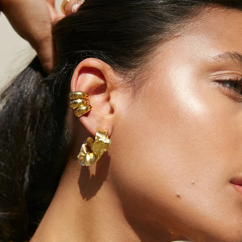 18K Gold Color Stainless Steel Three-layer clip earring for women Hollow Chunky Lined Ribbed Fake Cartilage Ear Cuff – Image 4