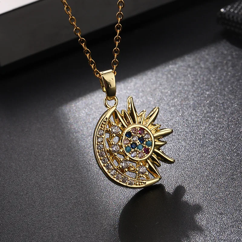 Stainless Steel Micro Paved Sun Moon Pendant Necklace Fashion Light Luxury Cubic Zircon Collar Chain for Women Wedding Jewelry – Image 6