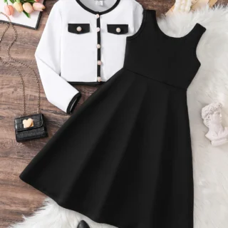 8-12Y Girls' Spring and Autumn Simple and Elegant Dress Set, Solid Color Sleeveless A-Line Pleated Knee-Length Skirt + Button-Down Long-Sleeved Vest, Suitable for Girls' Daily Casual Party Dress Set