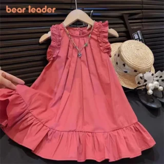 Bera Leader Korean Version Sleeveless Pleated Dress Solid Color Round Neck Children's Clothes Summer Kids Dresses for Girls Wear