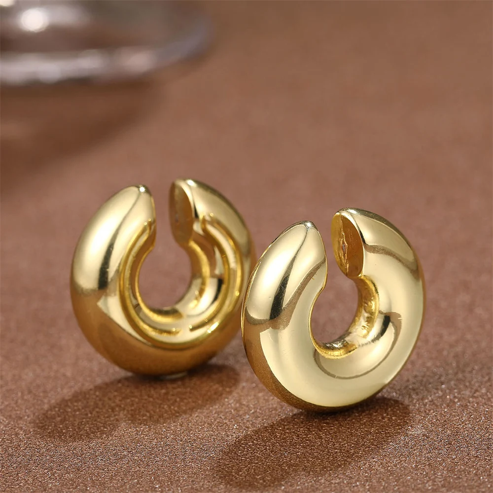 Hyperbole Large Chunky Non Piercing Gold Plated CCB Circle Ear Cuffs Earrings for Women Thick Bold Round Light Ear Clip Jewelry – Image 9