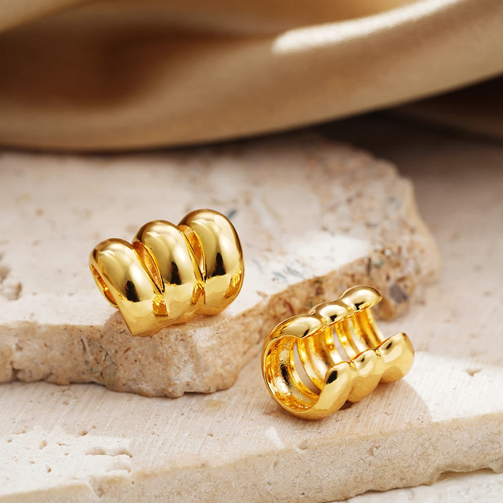 18K Gold Color Stainless Steel Three-layer clip earring for women Hollow Chunky Lined Ribbed Fake Cartilage Ear Cuff – Image 2