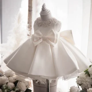 Toddler White Wedding Satin Princess Baby Girl Dress Big Bow 1 Year Birthday Baptism Party Dress for Girl Bridemaid Kids Clothin