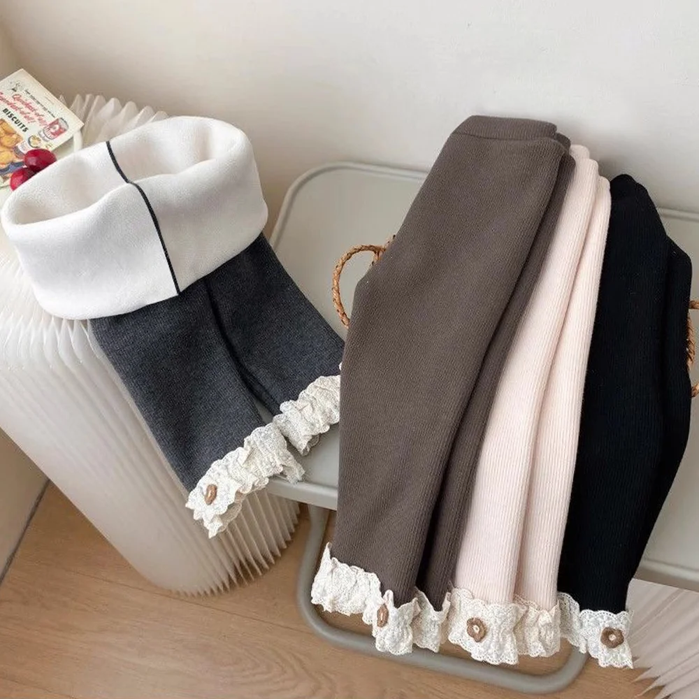 1-6 Years Baby Girls Thermal Leggings Spring Autumn Winter Kids Lace Flower Cute Simplicity Tight Trousers Children Skinny Pants