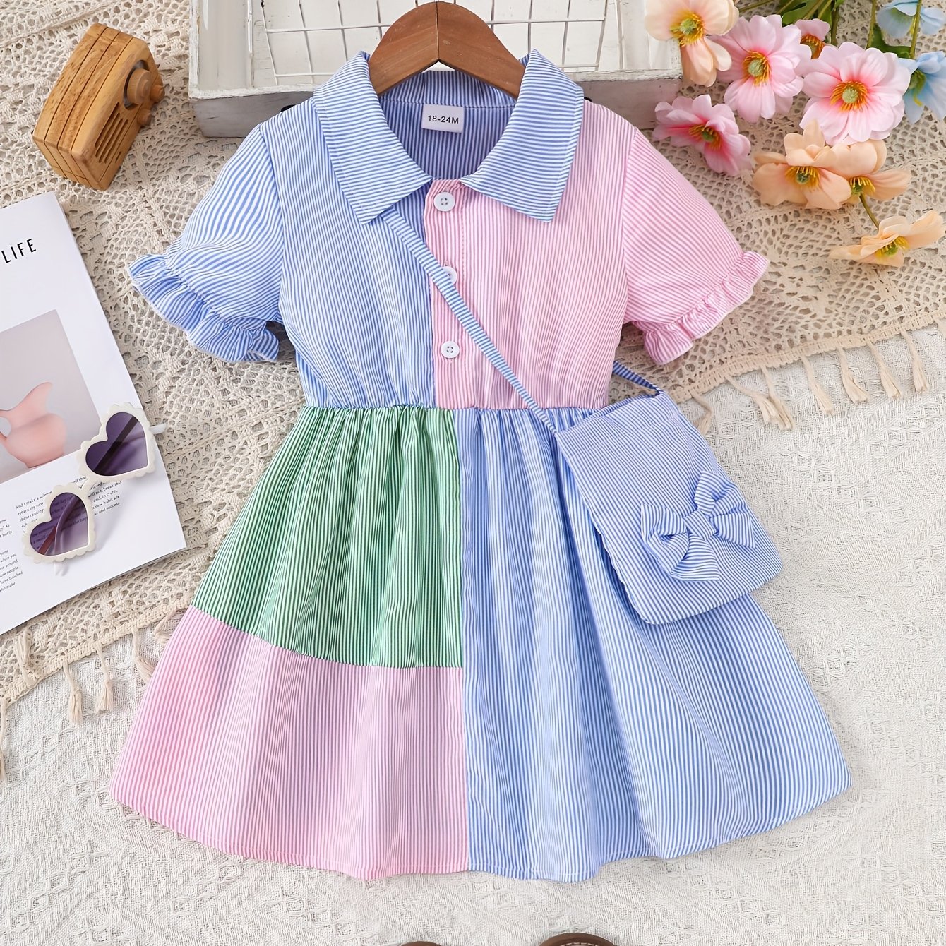 A Cute And Loose Summer Dress for Baby Girls Featuring Colorful Stripes And a Contrasting Design, Paired with a Bow Bag, Perfect for Vacation Relaxation And Everyday Wear – Image 13