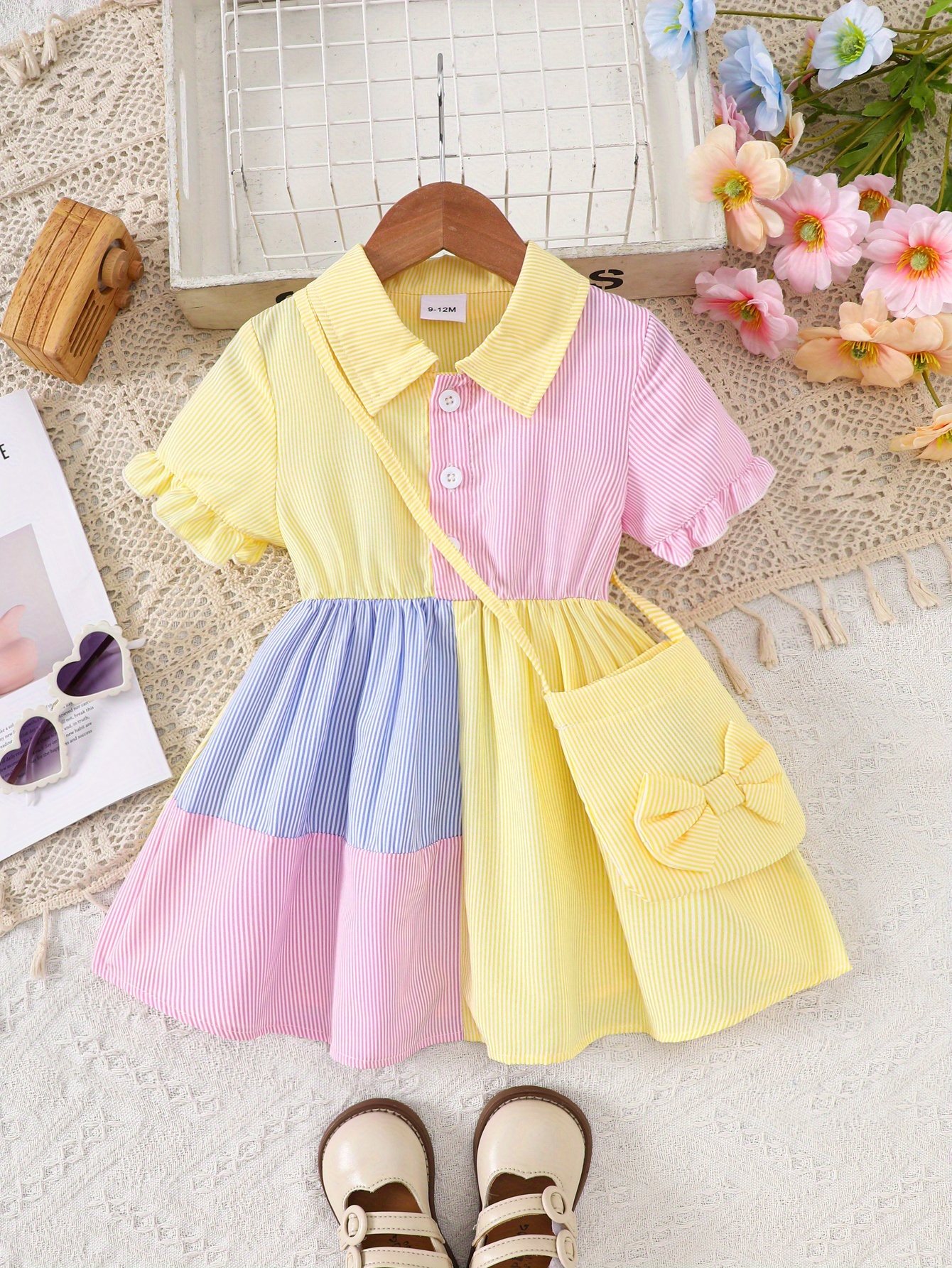 A Cute And Loose Summer Dress for Baby Girls Featuring Colorful Stripes And a Contrasting Design, Paired with a Bow Bag, Perfect for Vacation Relaxation And Everyday Wear – Image 3
