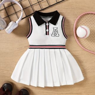 A Girls' Summer College-style Letter A Print Black, White, and Red Ribbed Sleeveless Dress with Button Design, Featuring a College Style, Printed Pattern, and Ribbed Knit, Perfect for Summer