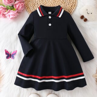 Spring And Autumn Style Long-Sleeve Casual Dress for Baby Girls with a Color-Blocked Collar, Developed for Specific Purposes.