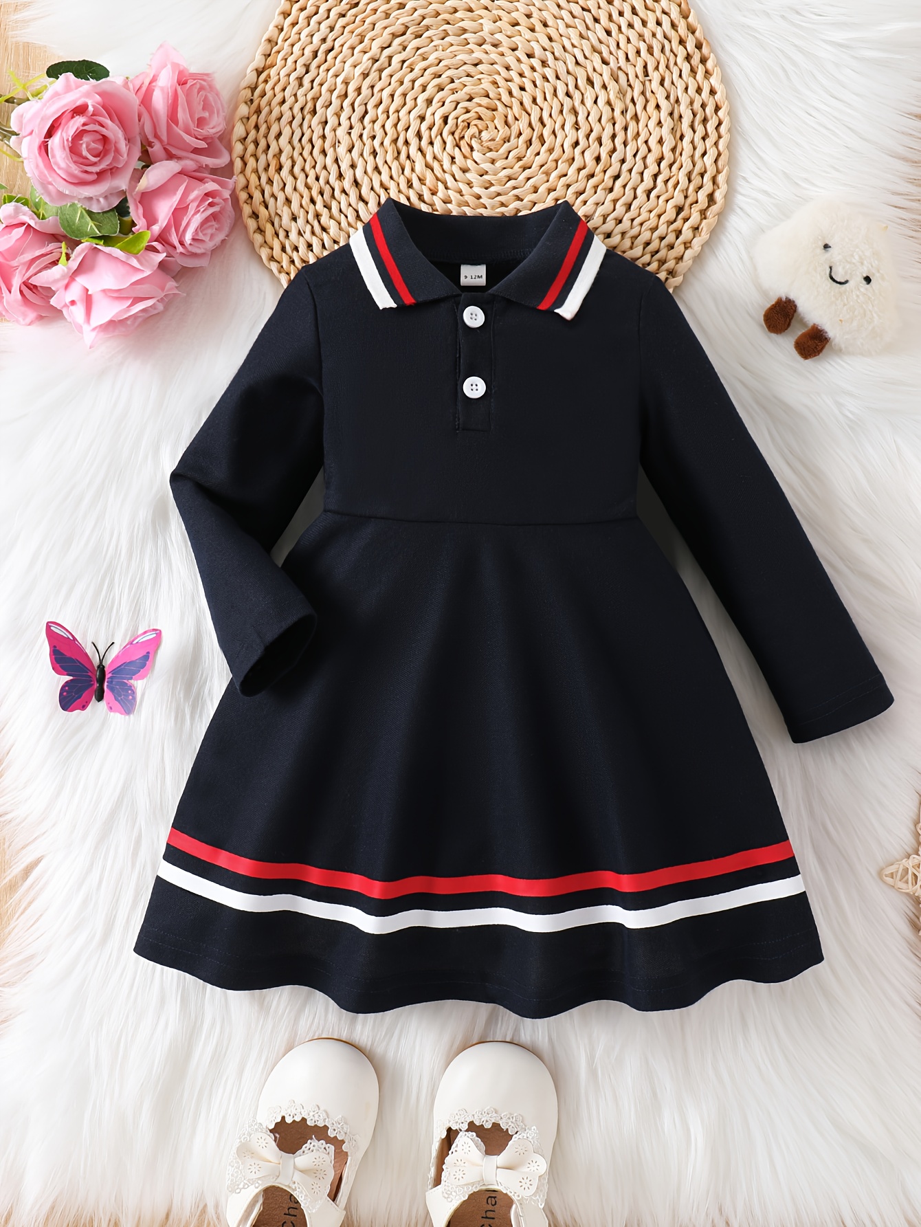Spring And Autumn Style Long-Sleeve Casual Dress for Baby Girls with a Color-Blocked Collar, Developed for Specific Purposes.