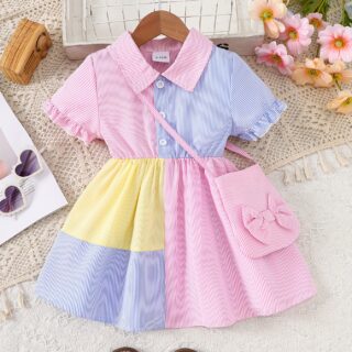 A Cute And Loose Summer Dress for Baby Girls Featuring Colorful Stripes And a Contrasting Design, Paired with a Bow Bag, Perfect for Vacation Relaxation And Everyday Wear