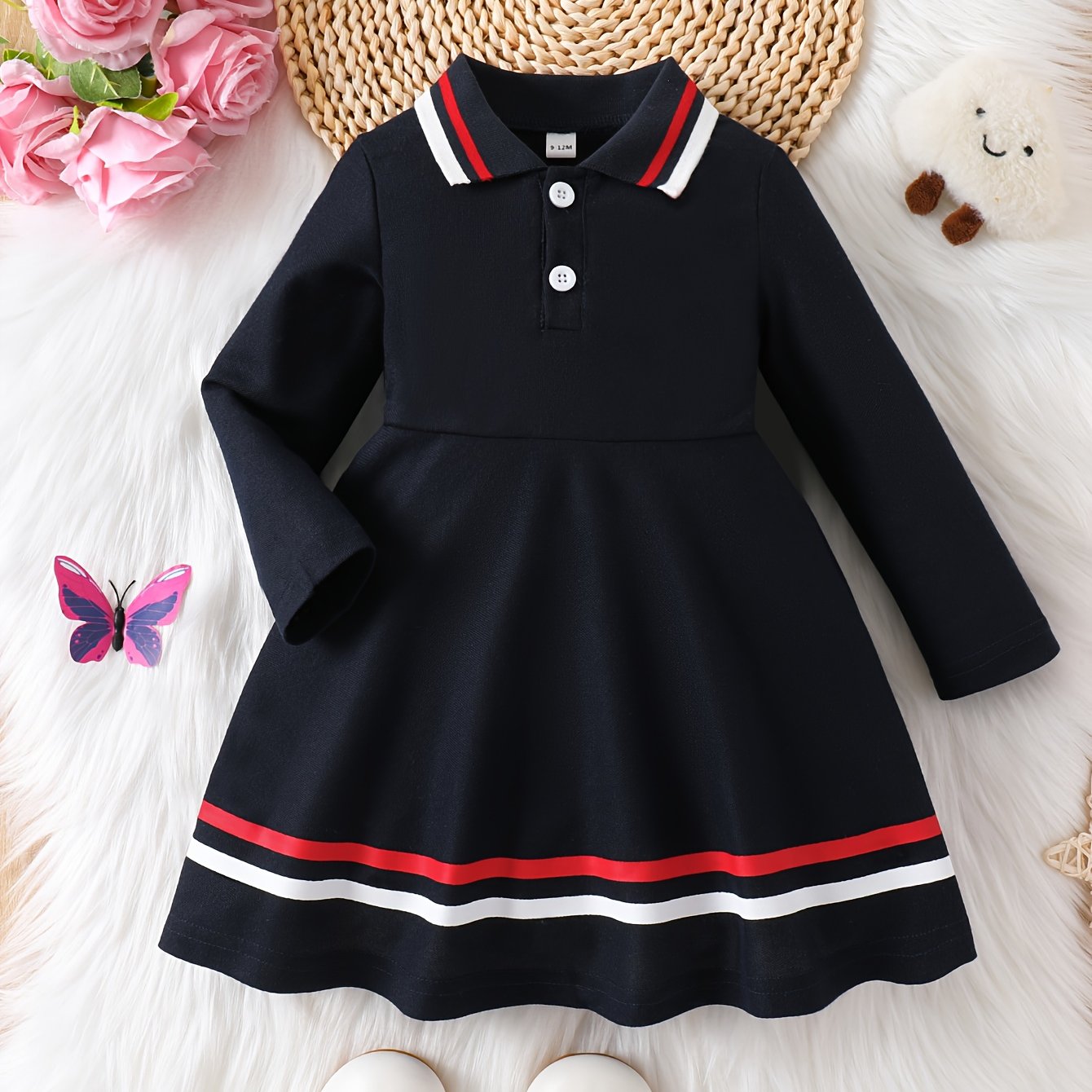 Spring And Autumn Style Long-Sleeve Casual Dress for Baby Girls with a Color-Blocked Collar, Developed for Specific Purposes. – Image 7